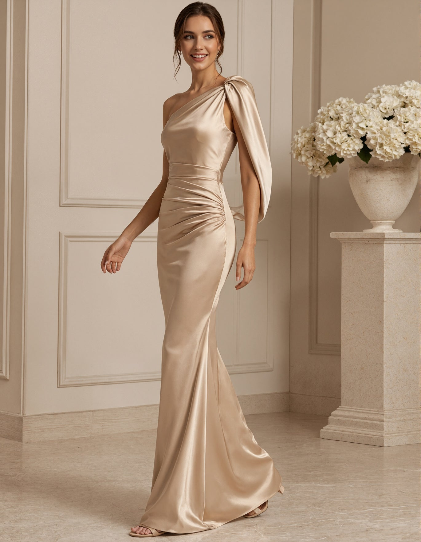 Champagne Satin One Shoulder Maxi Dress
