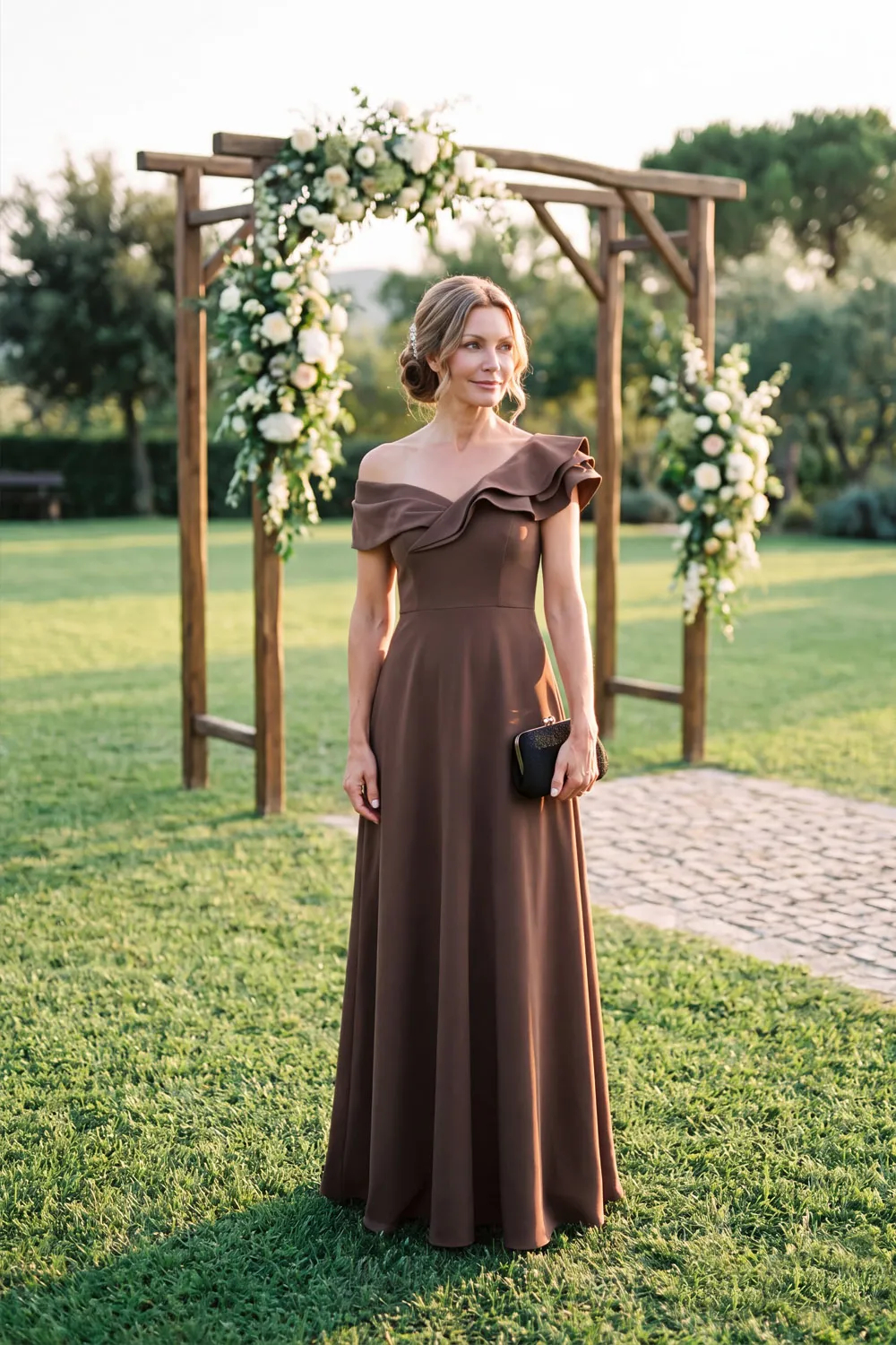 Brown Ruffle Off Shoulder A-Line Wedding Guest Dress