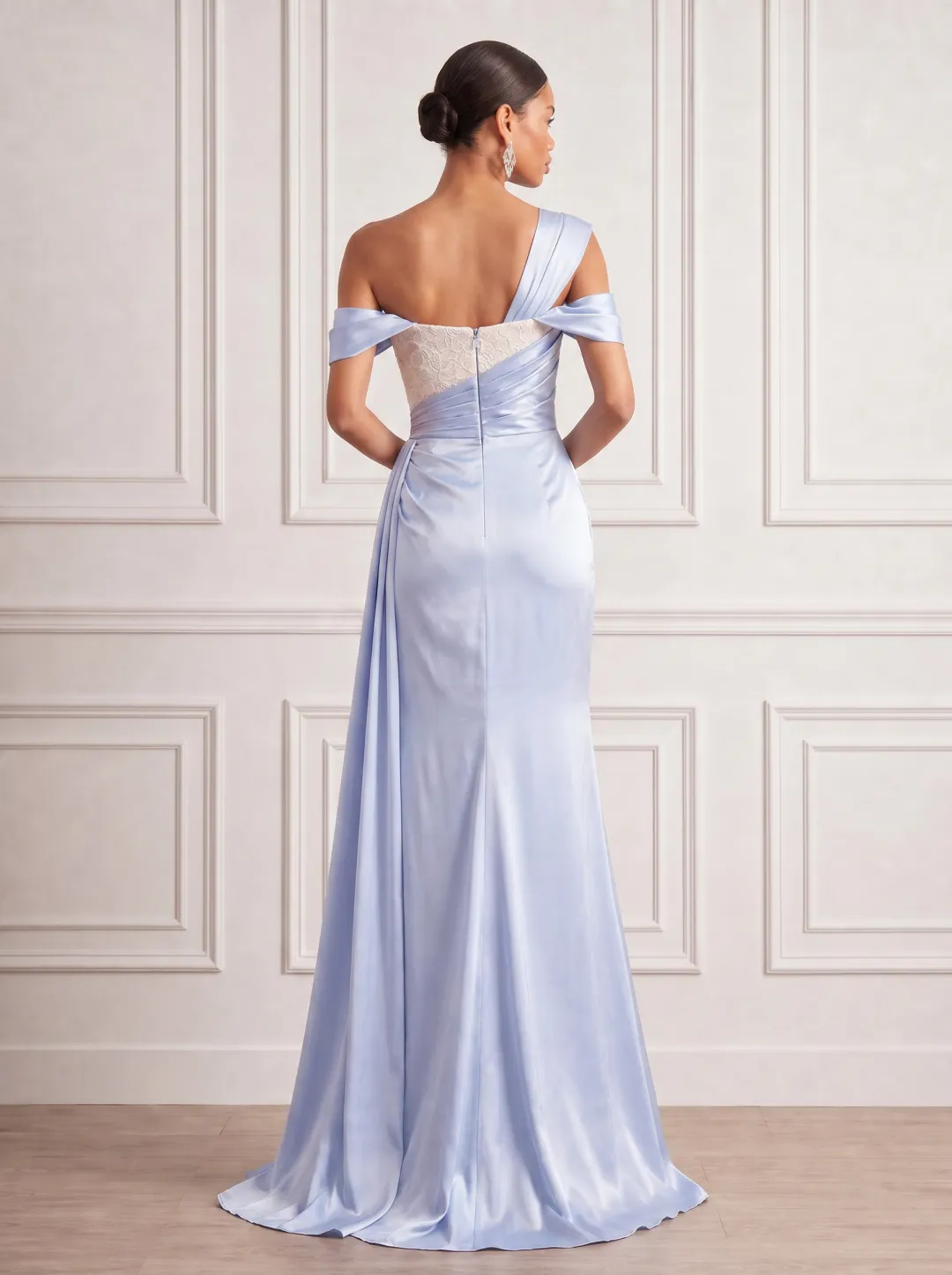 Off-Shoulder Satin Lace Patchwork Ruched Evening Gown