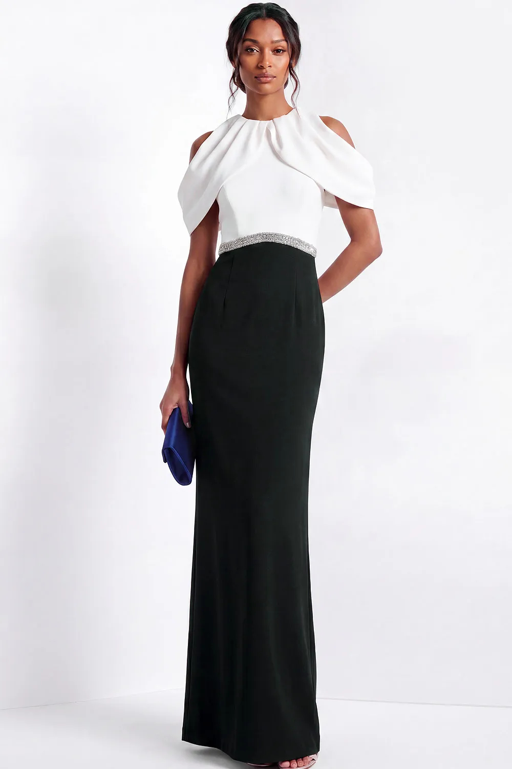 Black & White Cold-Shoulder Draped Bodice Beaded Waist Sheath Gown