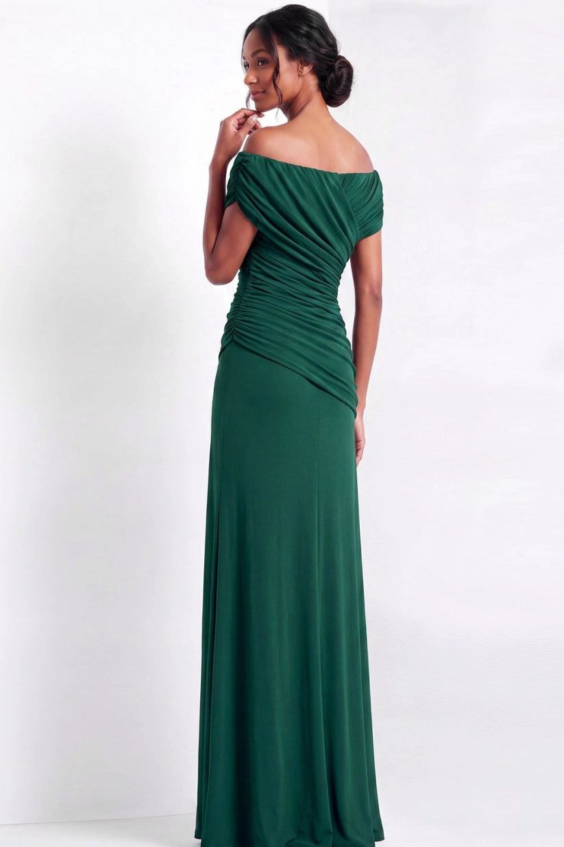 Emerald Green Off-the-Shoulder Ruched Jersey Floor-Length Gown