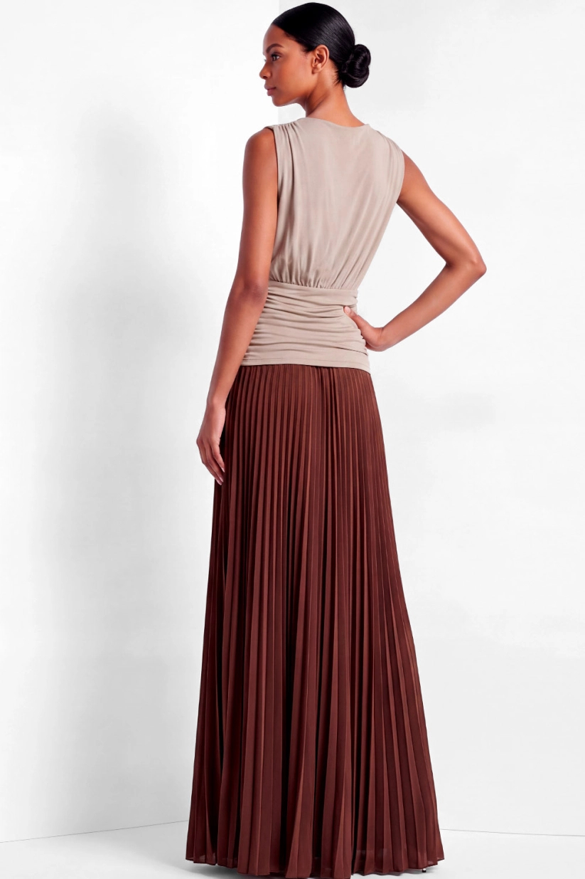 Two-Tone Taupe & Brown Sleeveless High Neck Ruched Waist Pleated Maxi Dress