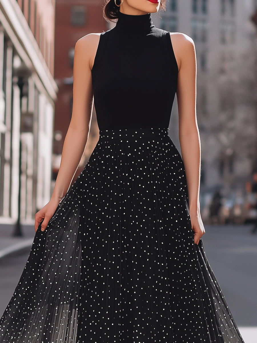 Black Sleeveless High-Neck Polka Dot Chiffon Maxi Dress