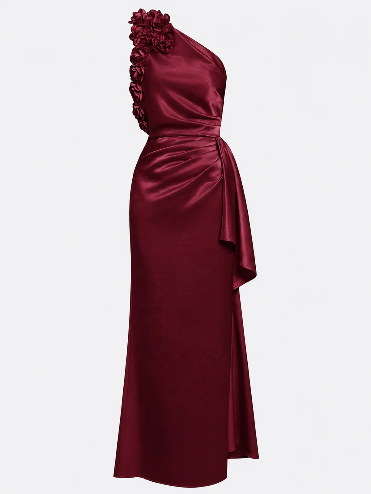 Champagne 3D Floral Ruched Satin One Shoulder Sleeveless Sheath Floor-length Gown Dress
