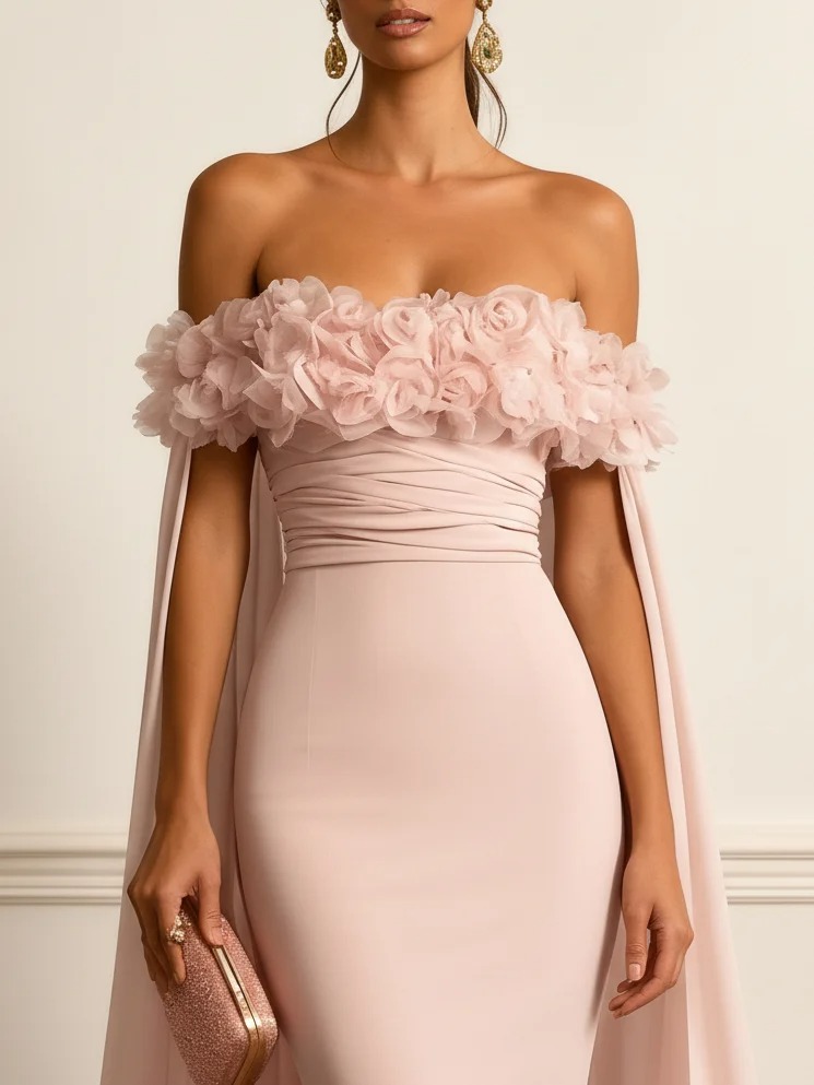 Pink 3D Floral Ruched Classic Off The Shoulder Short Sleeve Mermaid Gown Dress