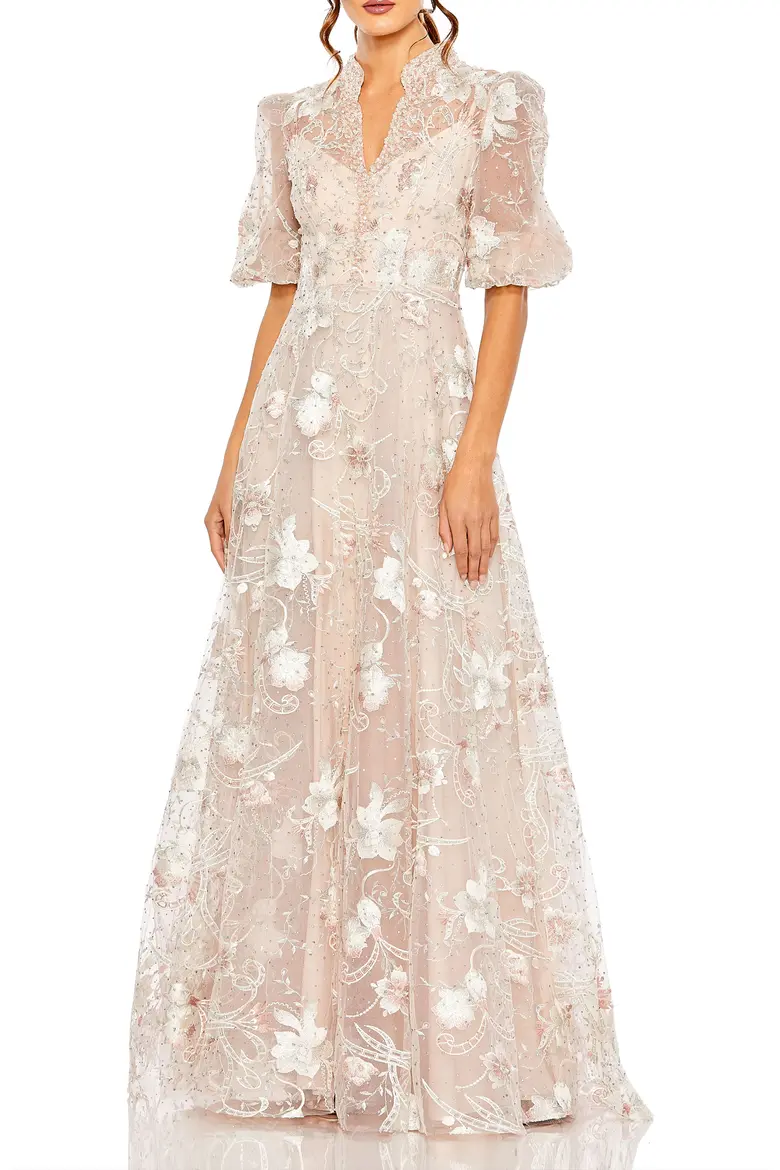 Elegant Embroidered Tulle Queen Anne High-Neck Gown