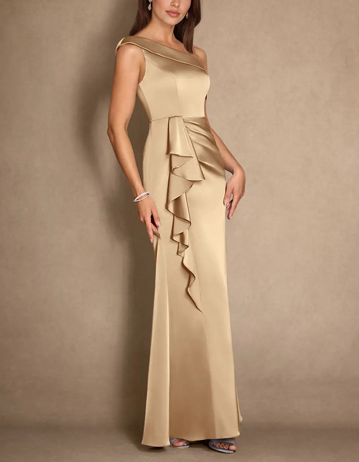 Champagne Pleated A-Line Stretch Satin Maxi Dress