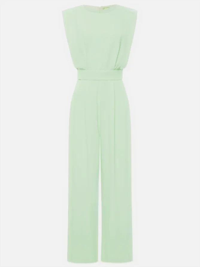 Women Off White Crew Neck Sleeveless Dressy Jumpsuit With Pockets