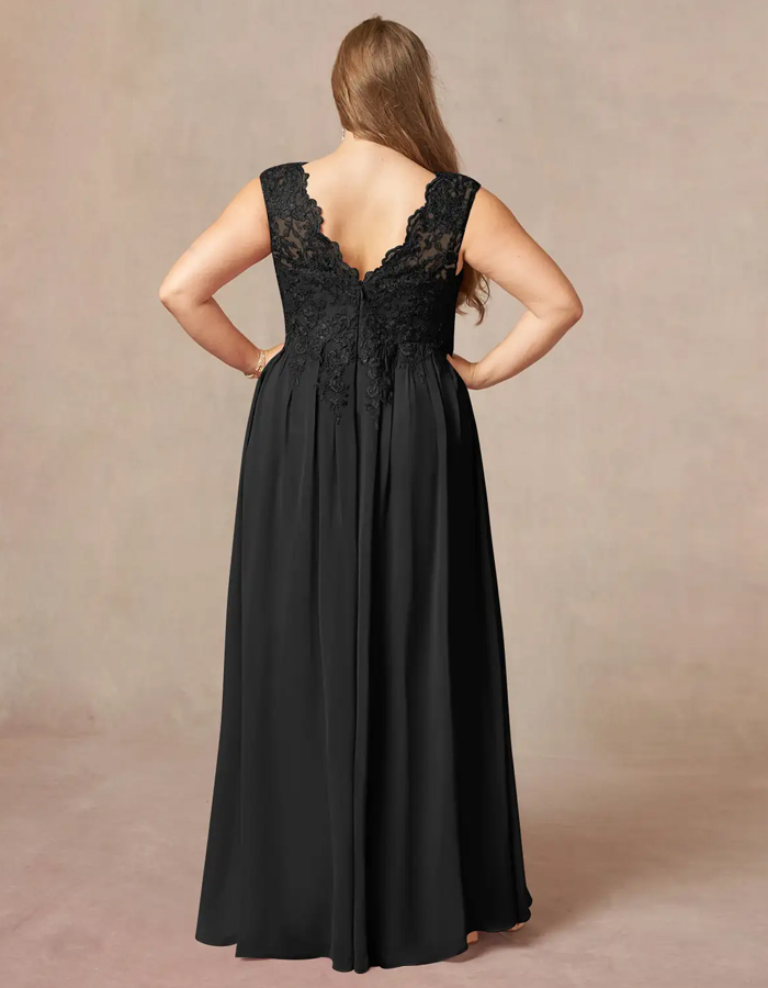 Black Sequined Chiffon A-Line V-Neck Maxi Dress
