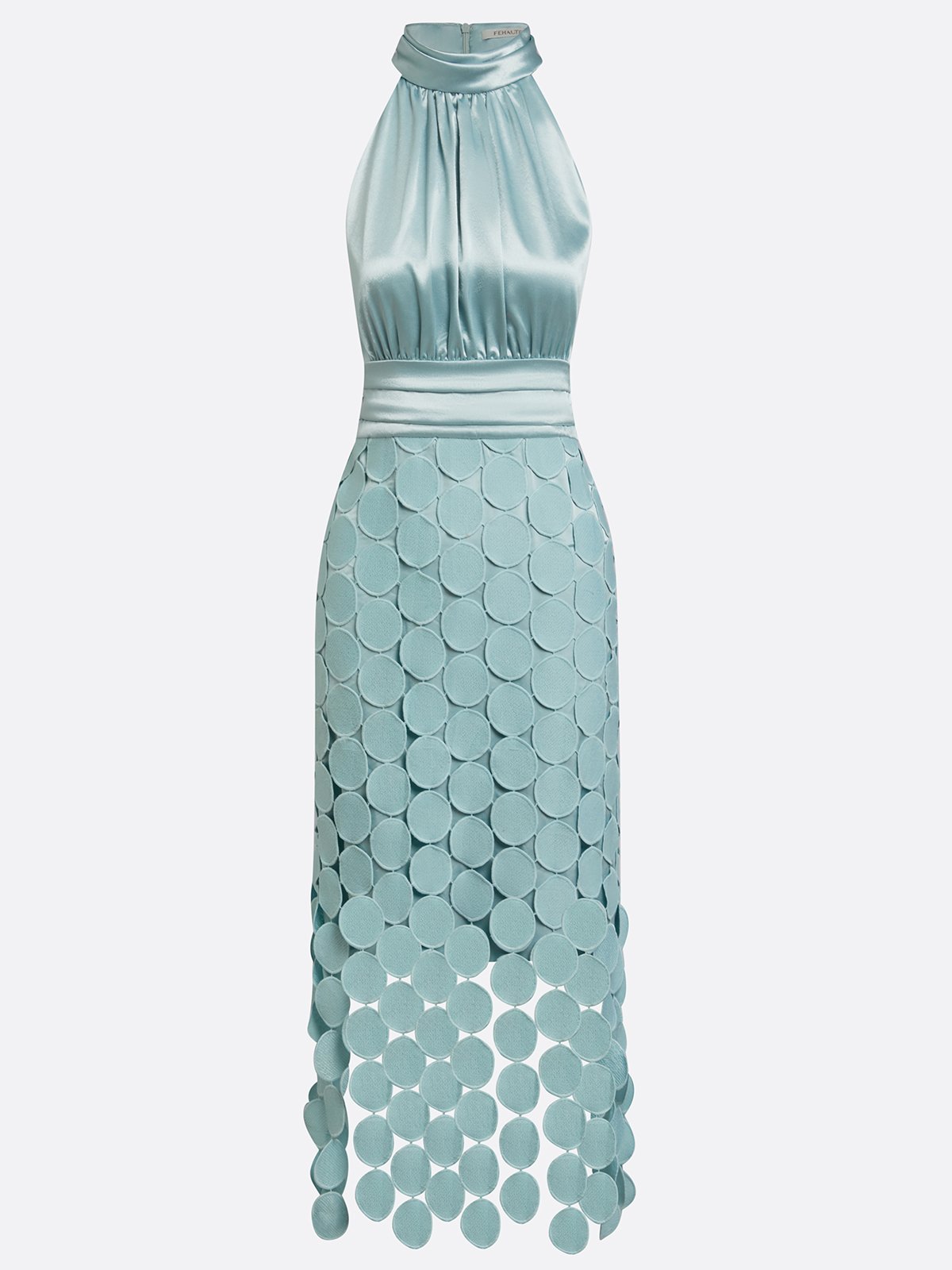 Women Light Green Satin Ruched Halter Neck Sleeveless A-Line Midi Dresses