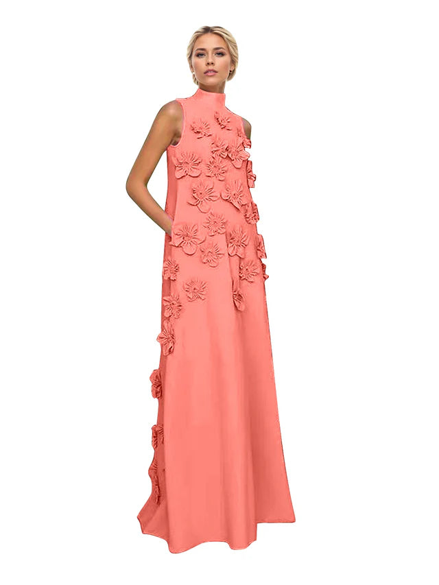 A Line High Neck Sleeveless Floor Length Stretch Crepe Dress With 3D Flowers