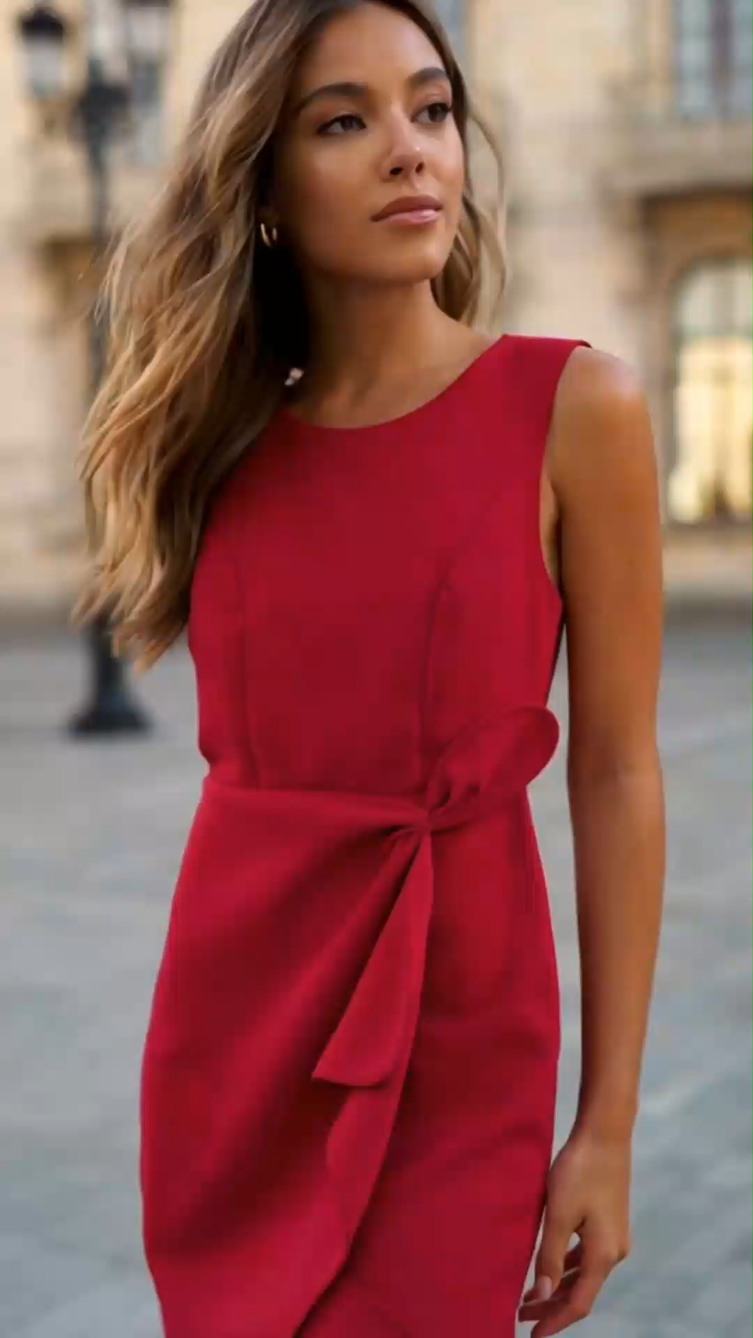 Red Asymmetric Ruffled Classic Boat Neck Sleeveless Midi Elegant A-line Dress with Waist Twist for Day-to-Night