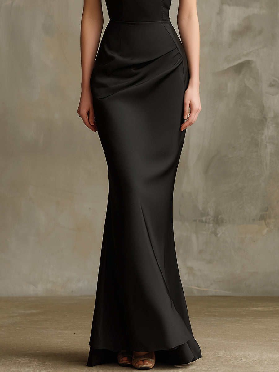 Black One-Shoulder Satin Gown With Sculpted Floral Accent