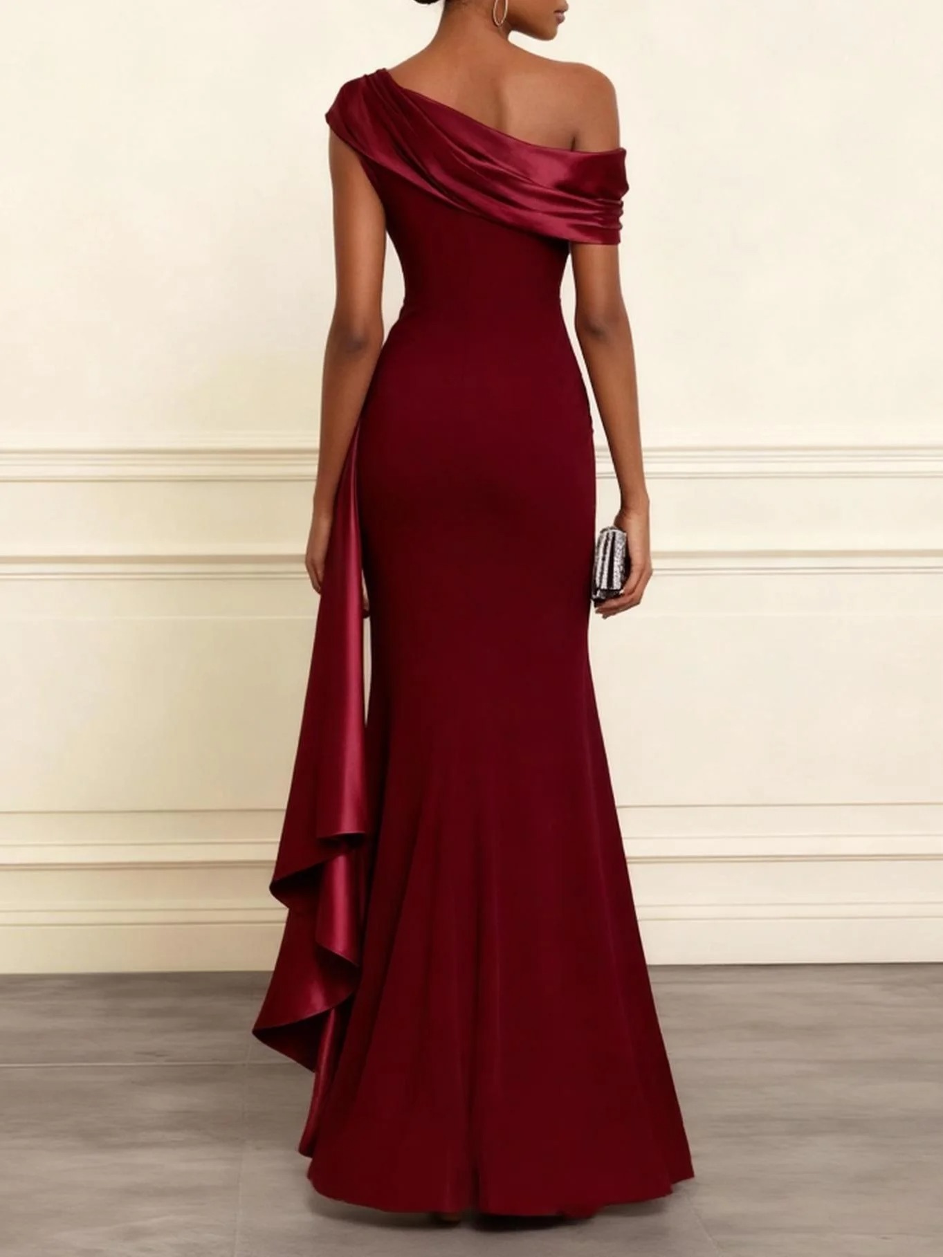 Wine Red Ruffled Classic One Shoulder Short Sleeve Mermaid Maxi Dress