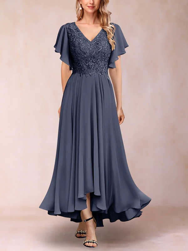 A-line V-neck Short Sleeved Chiffon Maxi Dress
