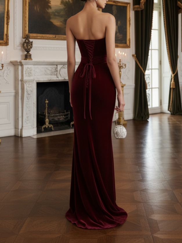 Wine Red 3D Floral Velvet Strapless Sleeveless Sheath Maxi Dress