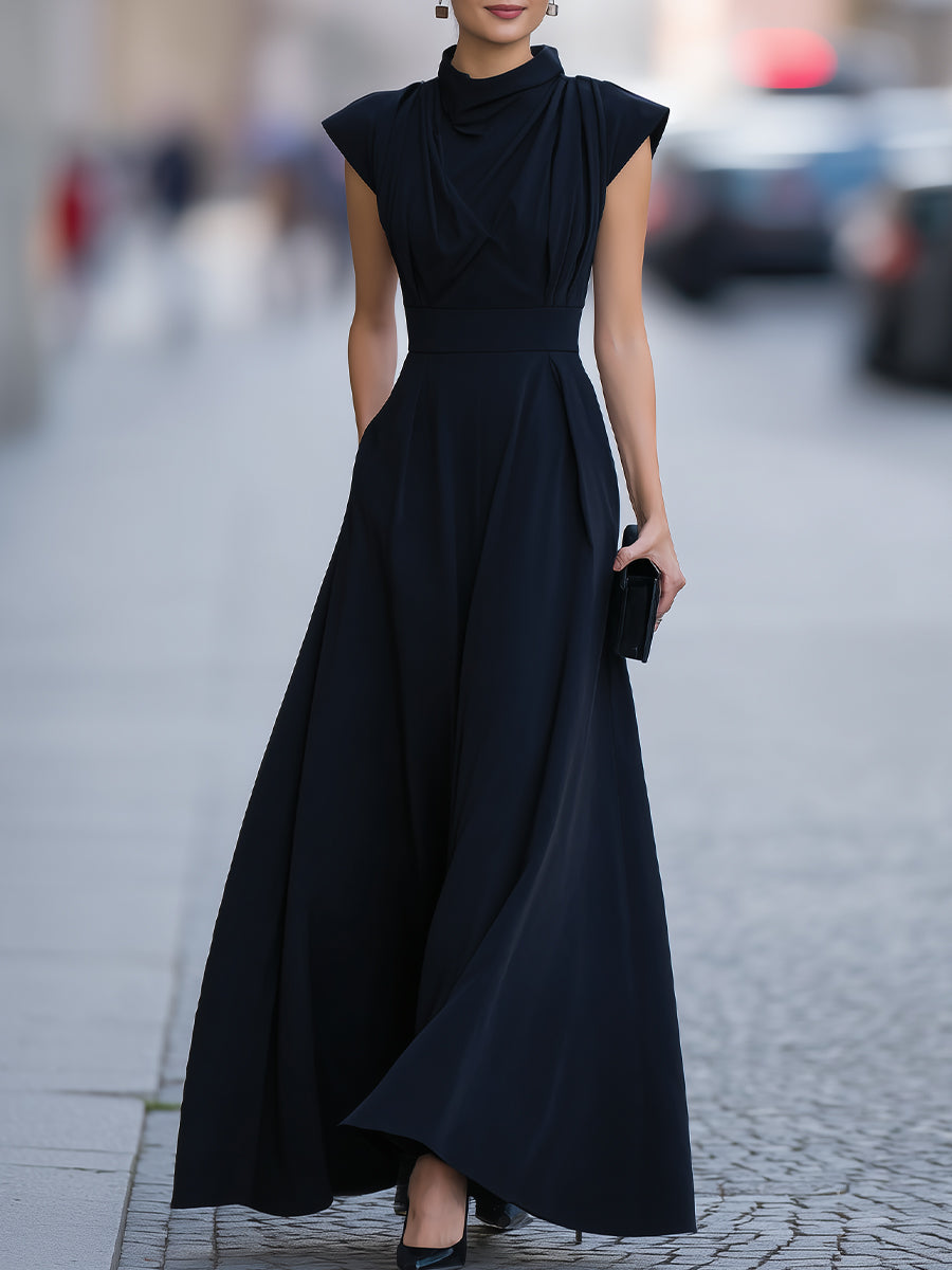 Black Draped Cap-Sleeve Maxi Dress With Defined Waist