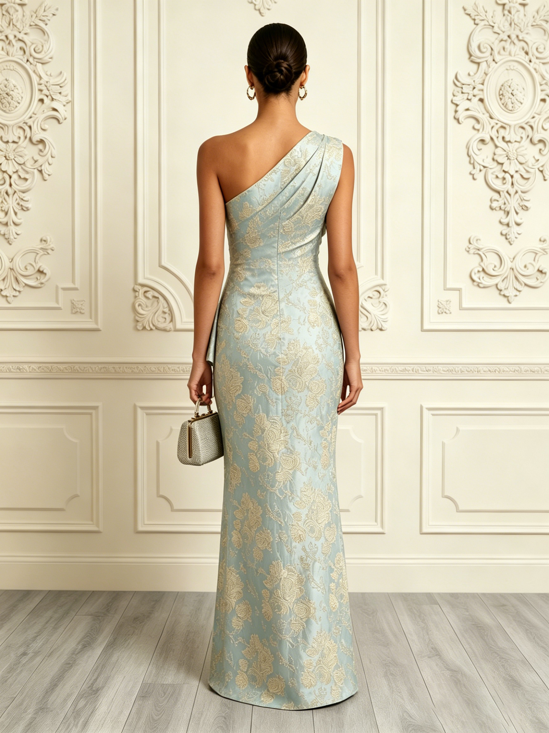 Light Green Jacquard 3D Floral Classic One Shoulder Sleeveless Mermaid Gown Dress