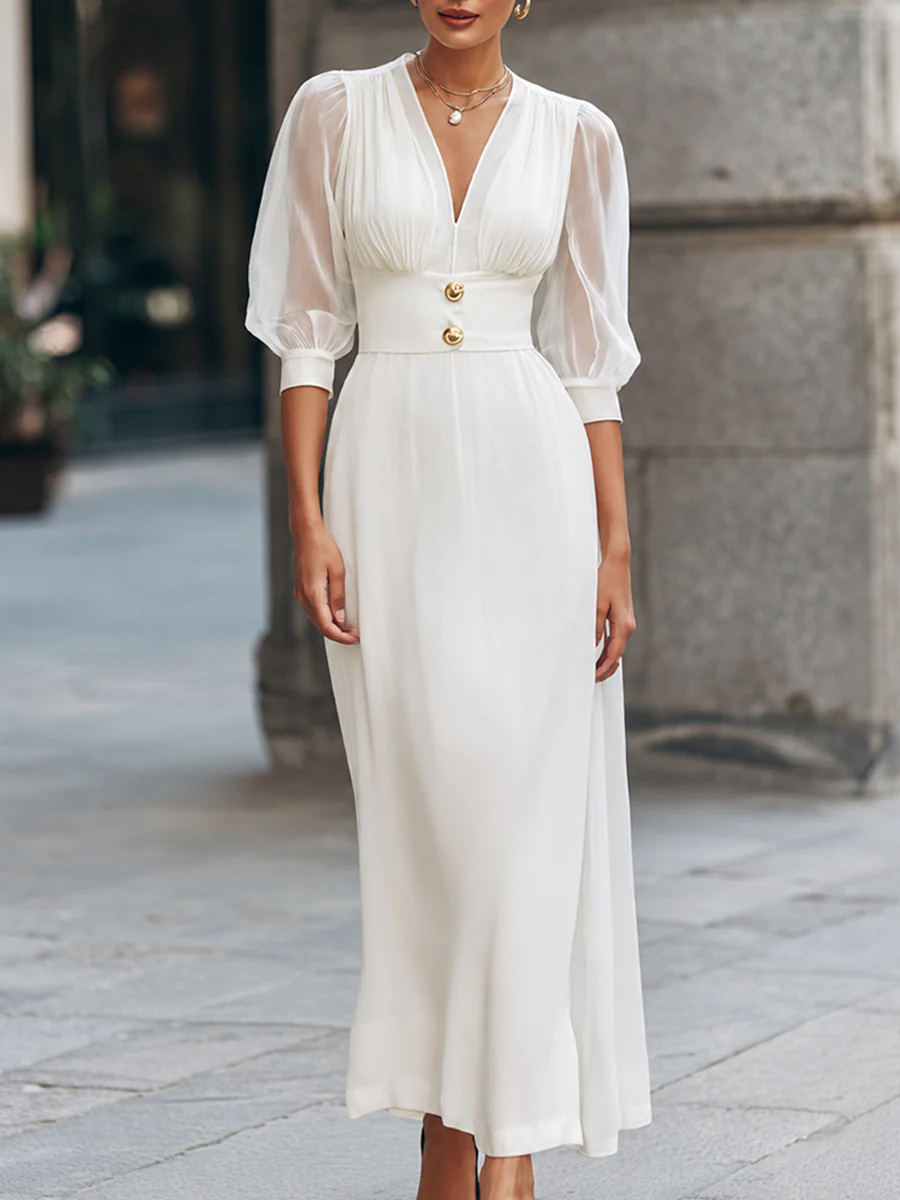 V-Neck Puff Sleeve Empire Waist Maxi Dress