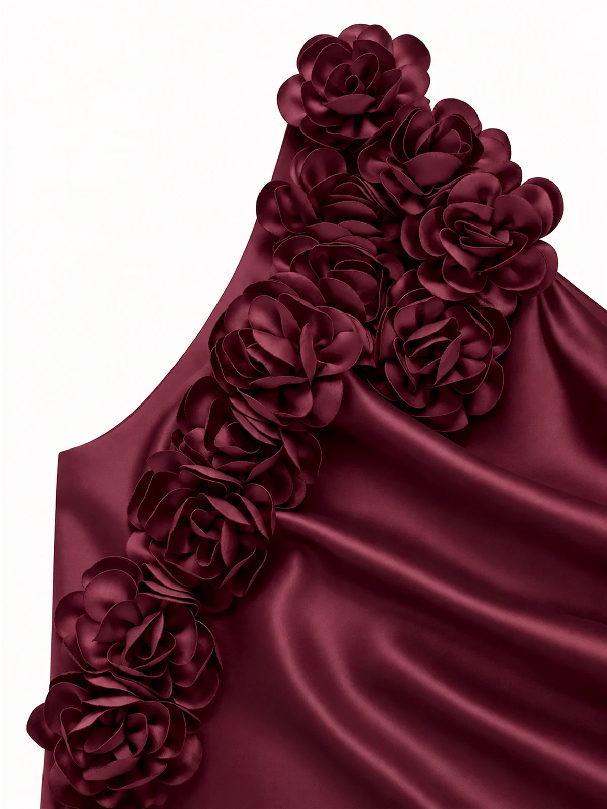 Champagne 3D Floral Ruched Satin One Shoulder Sleeveless Sheath Floor-length Gown Dress