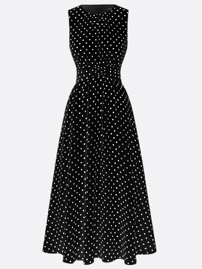 White Polka Dots Ruched Chiffon Crew Neck Sleeveless A-Line Maxi Dress