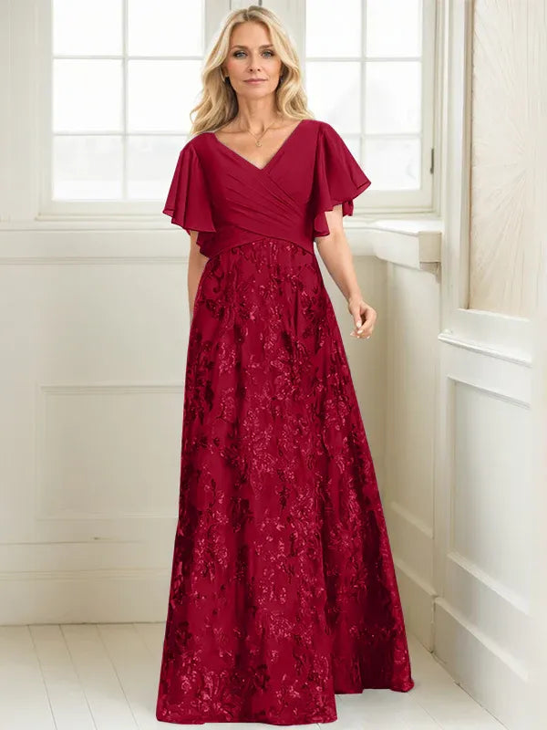 A-line V-Neck Floor-Length Lace Sequin Chiffon Mother of the Bride Dress With Pleated