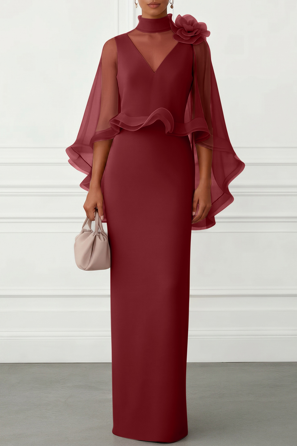 Nudepink 3D Floral Mesh Classic Mock Neck Half Sleeve Sheath Floor-length Gown Dress