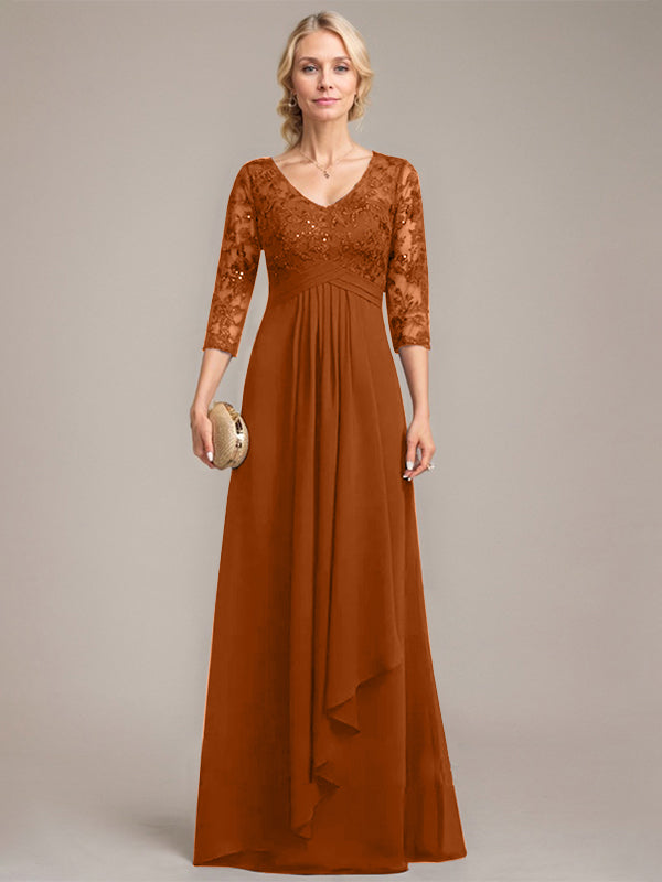 A-line V-Neck Floor-Length Lace Chiffon Mother of the Bride Dress With Cascading Ruffles Sequins