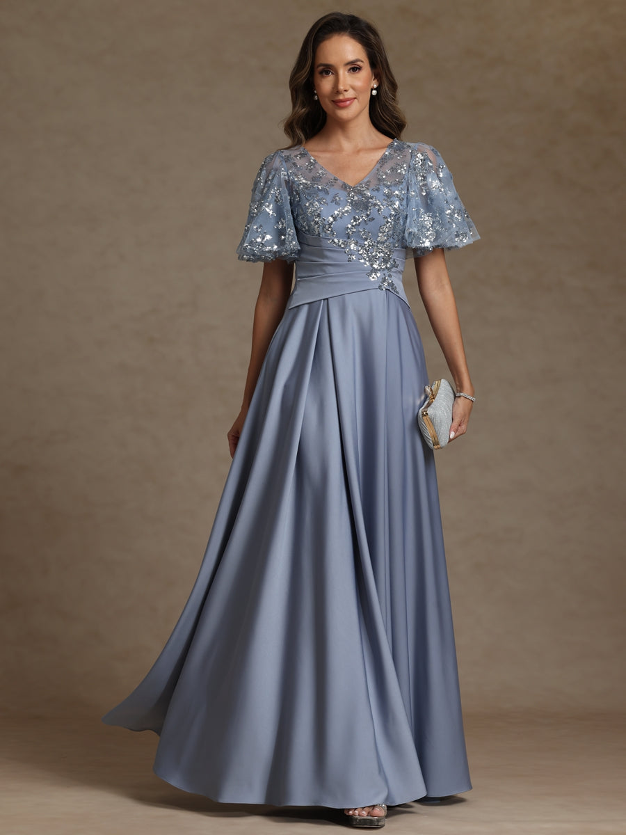 A-Line/Princess V-Neck Illusion Pleated Satin Floor-Length Mother of the Bride Dresses with Sequins
