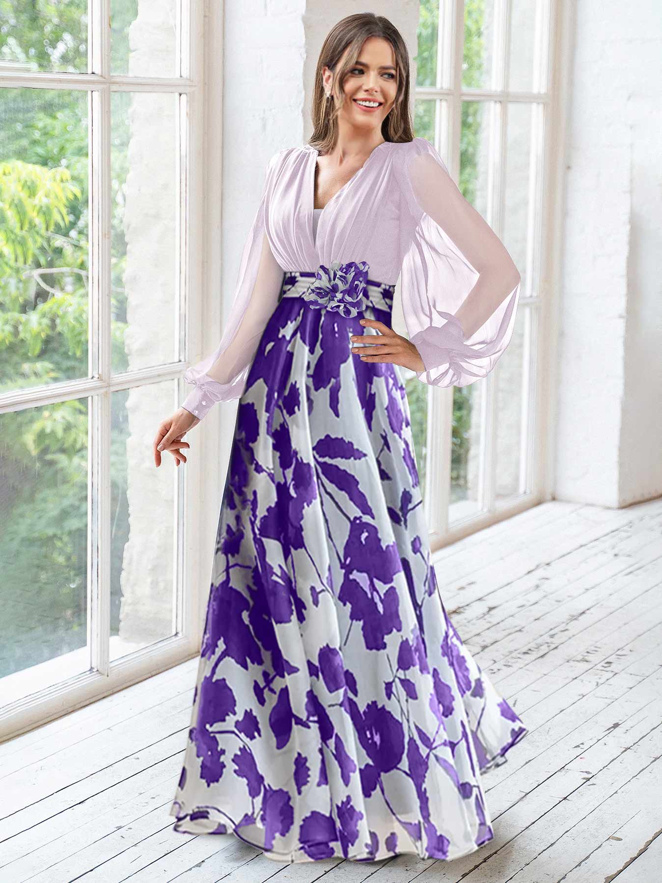 Blue-Grey Chiffon Printed V-Neck Fitted Waist Maxi Dress