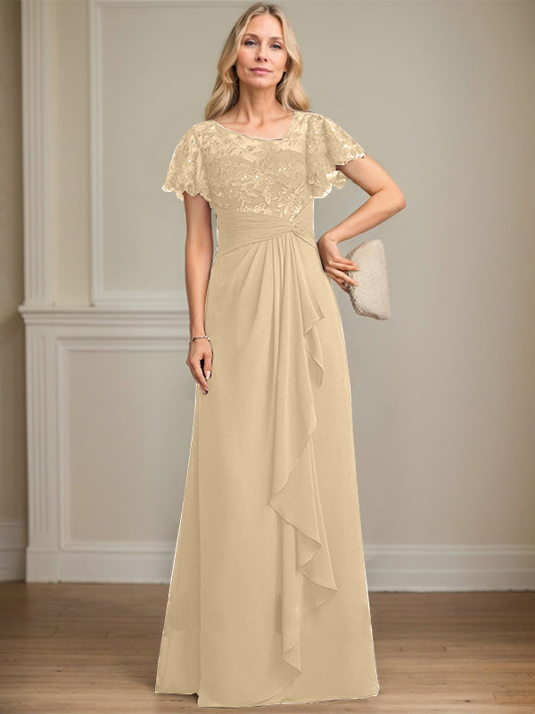 A-line Asymmetrical Illusion Floor-Length Lace Chiffon Mother of the Bride Dress With Cascading Ruffles Sequins