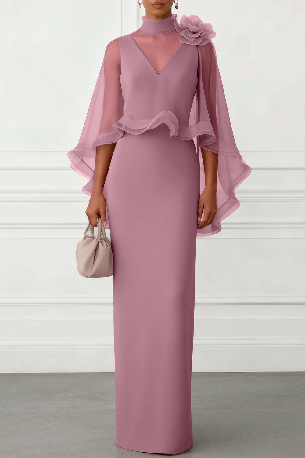 Nudepink 3D Floral Mesh Classic Mock Neck Half Sleeve Sheath Floor-length Gown Dress