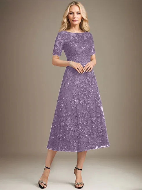 A-line Scoop Illusion Tea-Length Lace Mother of the Bride Dress With Sequins