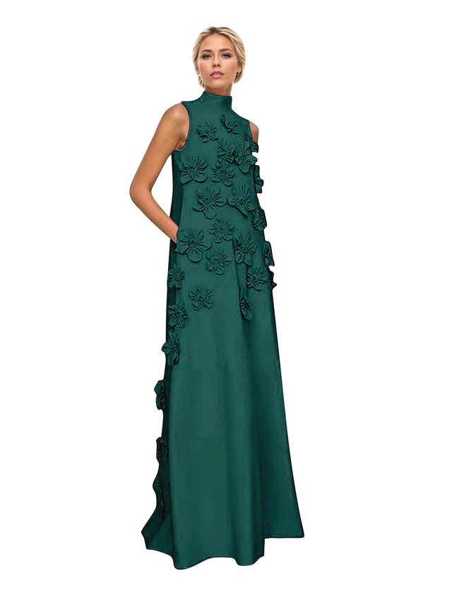 A Line High Neck Sleeveless Floor Length Stretch Crepe Dress With 3D Flowers