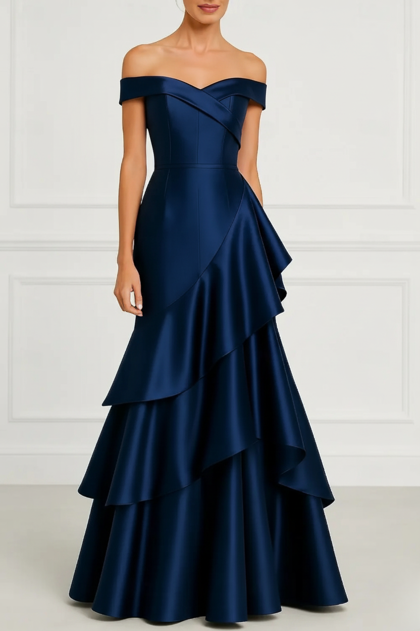 Formal Evening Dress Dark Blue Off-Shoulder Satin Tiered Maxi Gown
