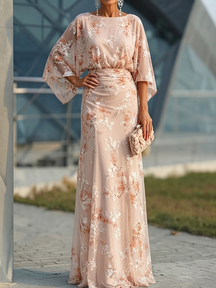 Blush Floral Embroidery Chiffon Maxi Dress