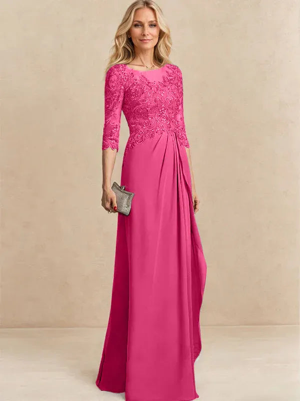 A-line Scoop Illusion Floor-Length Chiffon Lace Mother of the Bride Dress With Beading Sequins Cascading Ruffles