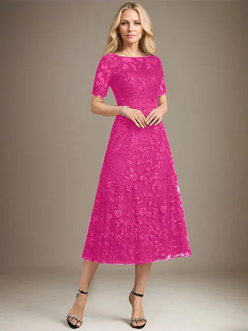 A-line Scoop Illusion Tea-Length Lace Mother of the Bride Dress With Sequins