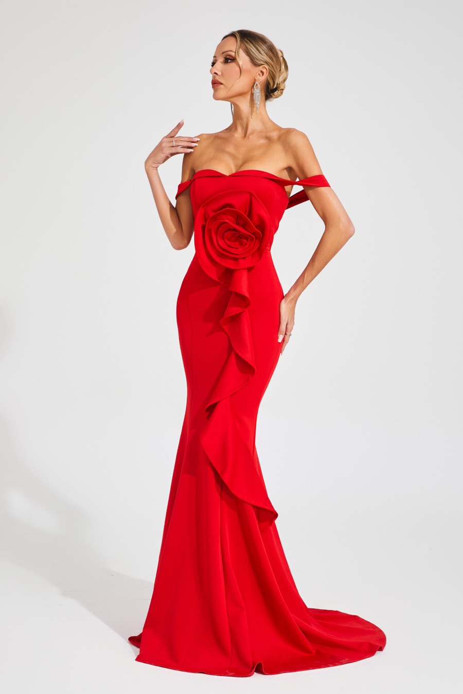 Red Off-the-shoulder Mermaid Gown with Flower Detail
