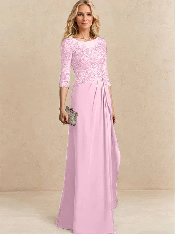 A-line Scoop Illusion Floor-Length Chiffon Lace Mother of the Bride Dress With Beading Sequins Cascading Ruffles