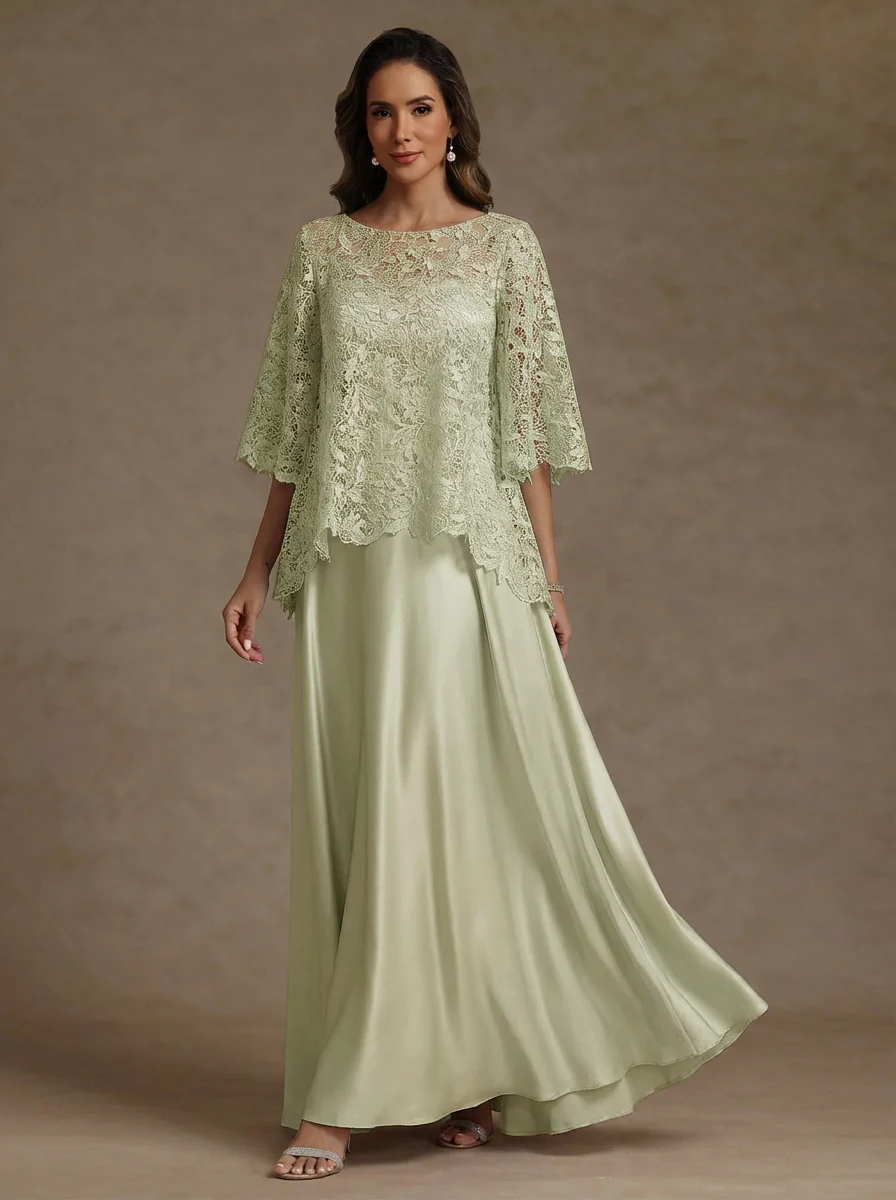 2 Pieces A-Line/Princess Silk Satin Scoop Mother ofthe Bride Dresses Lace Floor Length Short Sleeves