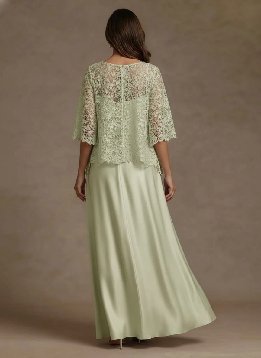 2 Pieces A-Line/Princess Silk Satin Scoop Mother ofthe Bride Dresses Lace Floor Length Short Sleeves