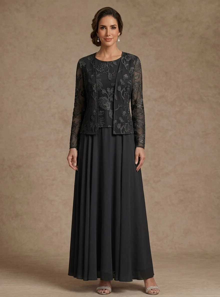 3 Pieces Suit A-Line/Princess Scoop Chiffon Mother of the Bride Dresses with Jacket Lace Floral Ankle-Length Long Sleeves
