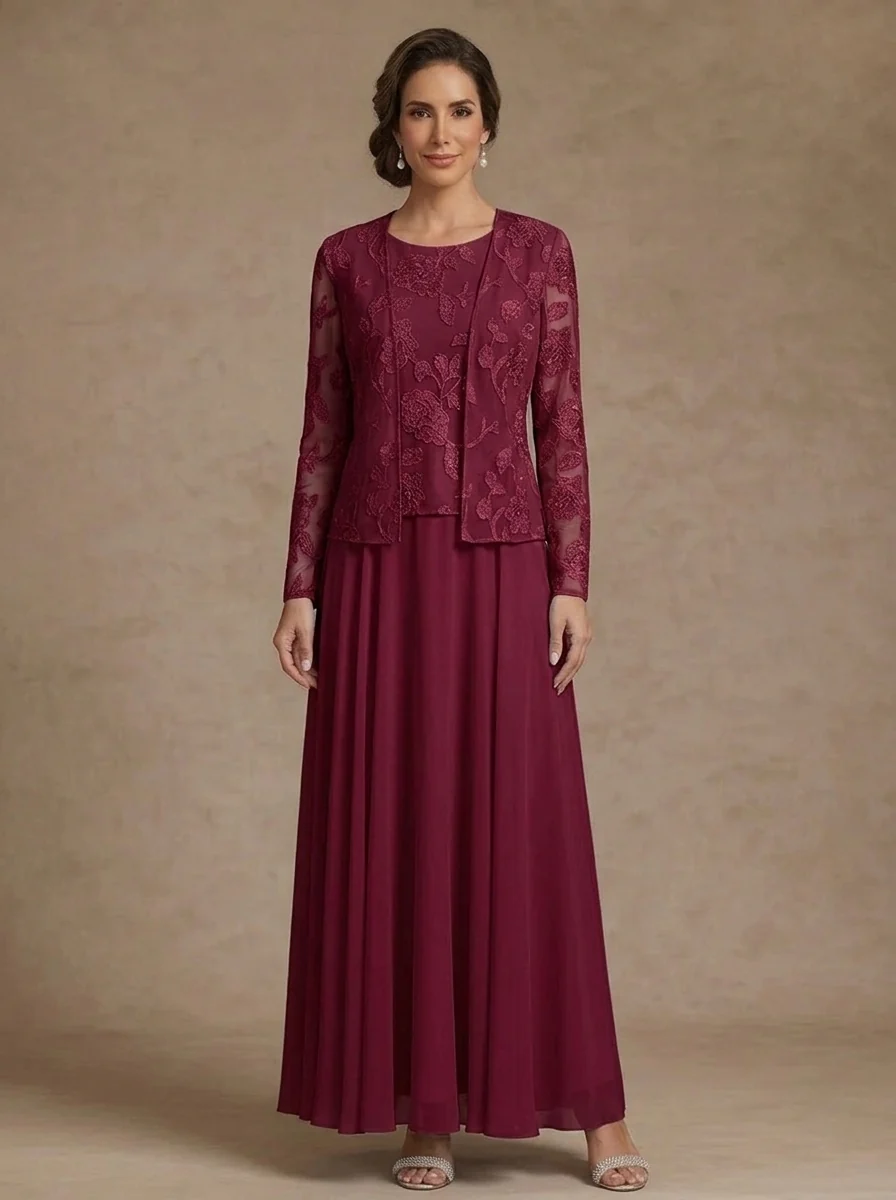 3 Pieces Suit A-Line/Princess Scoop Chiffon Mother of the Bride Dresses with Jacket Lace Floral Ankle-Length Long Sleeves