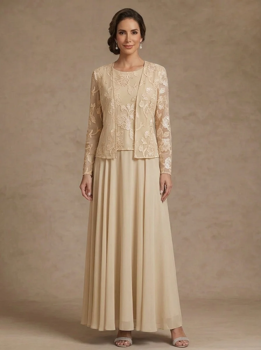 3 Pieces Suit A-Line/Princess Scoop Chiffon Mother of the Bride Dresses with Jacket Lace Floral Ankle-Length Long Sleeves