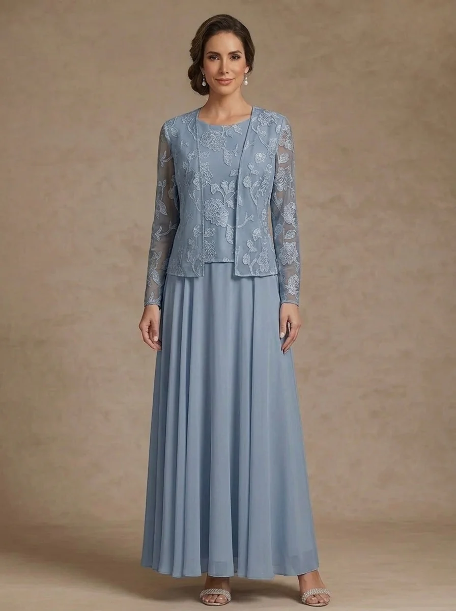 3 Pieces Suit A-Line/Princess Scoop Chiffon Mother of the Bride Dresses with Jacket Lace Floral Ankle-Length Long Sleeves