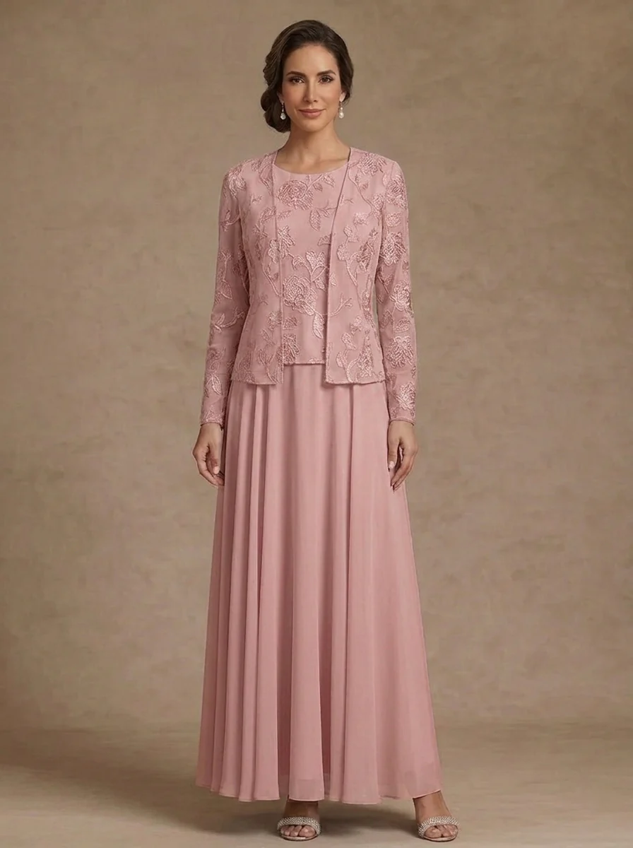 3 Pieces Suit A-Line/Princess Scoop Chiffon Mother of the Bride Dresses with Jacket Lace Floral Ankle-Length Long Sleeves