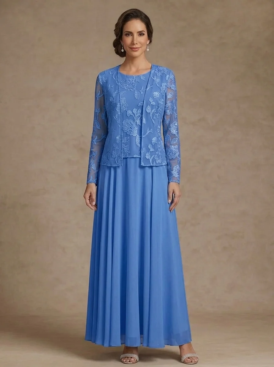 3 Pieces Suit A-Line/Princess Scoop Chiffon Mother of the Bride Dresses with Jacket Lace Floral Ankle-Length Long Sleeves