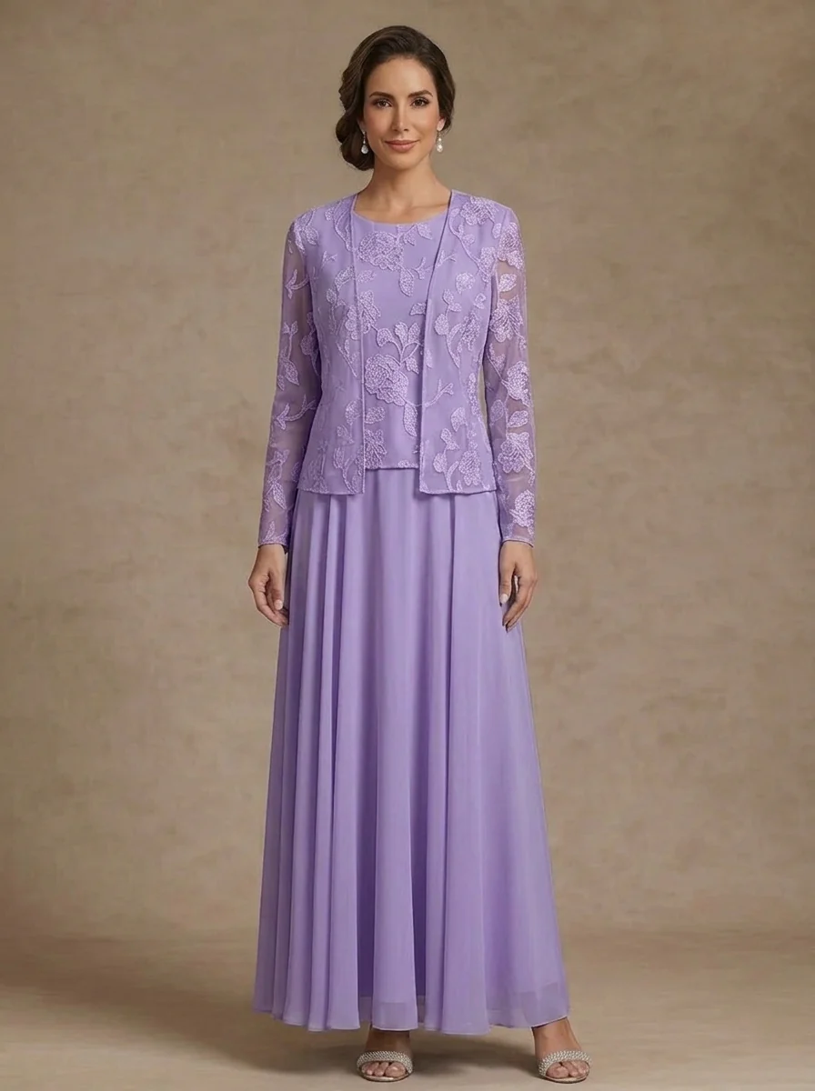 3 Pieces Suit A-Line/Princess Scoop Chiffon Mother of the Bride Dresses with Jacket Lace Floral Ankle-Length Long Sleeves