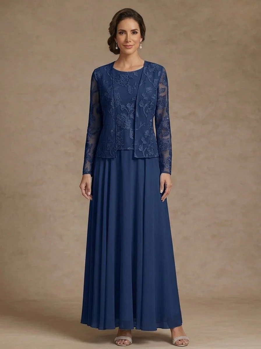 3 Pieces Suit A-Line/Princess Scoop Chiffon Mother of the Bride Dresses with Jacket Lace Floral Ankle-Length Long Sleeves